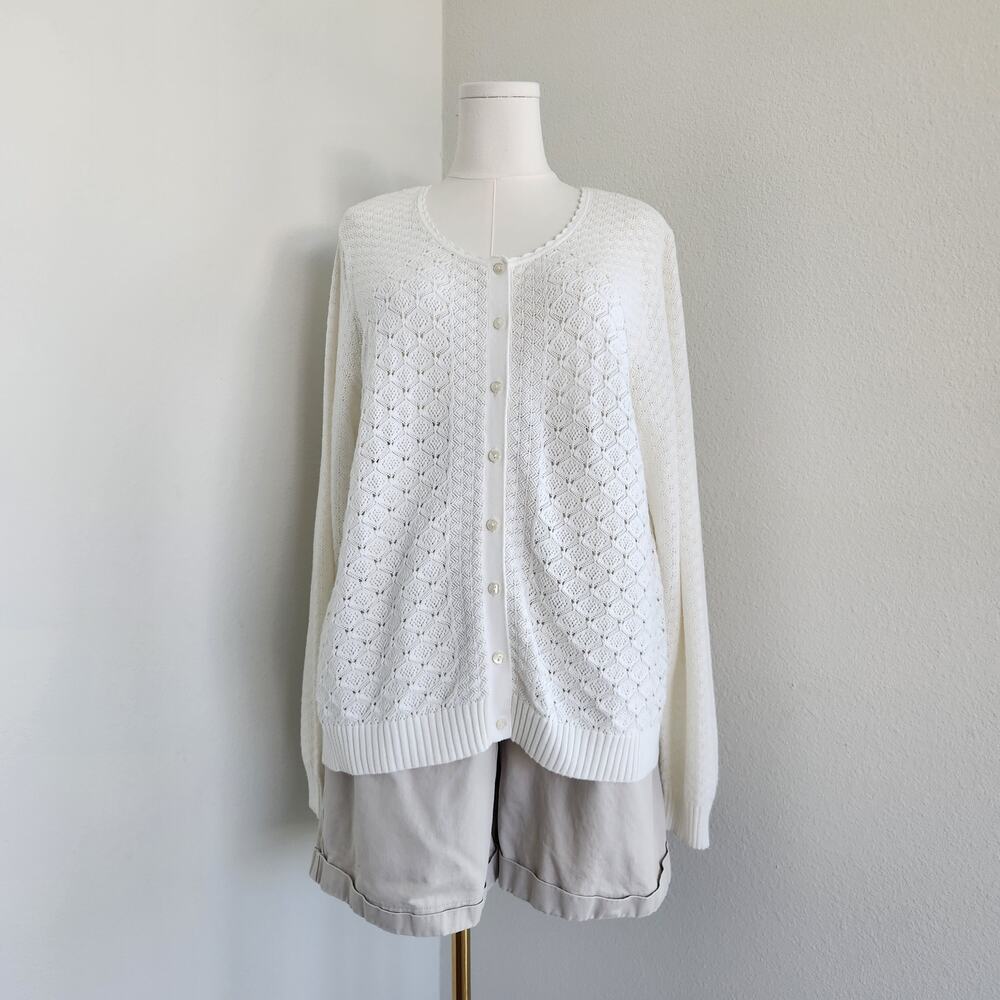 Vintage Y2K White Crochet Knit Button Up Cardigan Long Sleeve Denim & Co XL - Picture 2 of 11